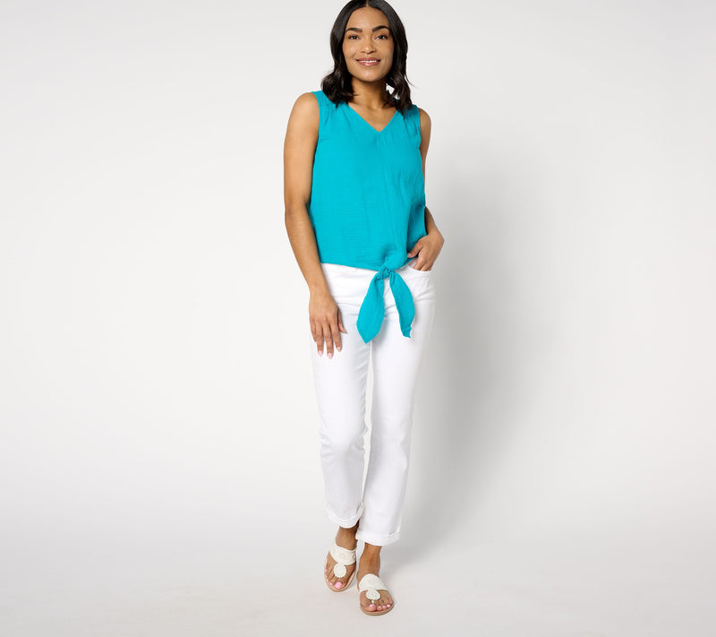 Belle Beach by Kim Gravel Cotton Gauze Tie-Front Tank w/ Ruffle Trim — View 3