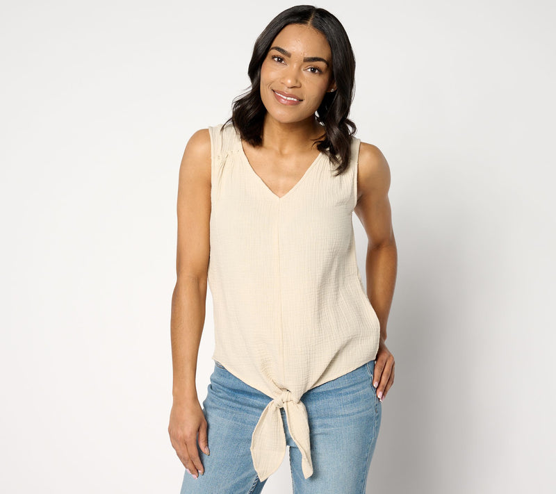 Belle Beach by Kim Gravel Cotton Gauze Tie-Front Tank w/ Ruffle Trim — View 12