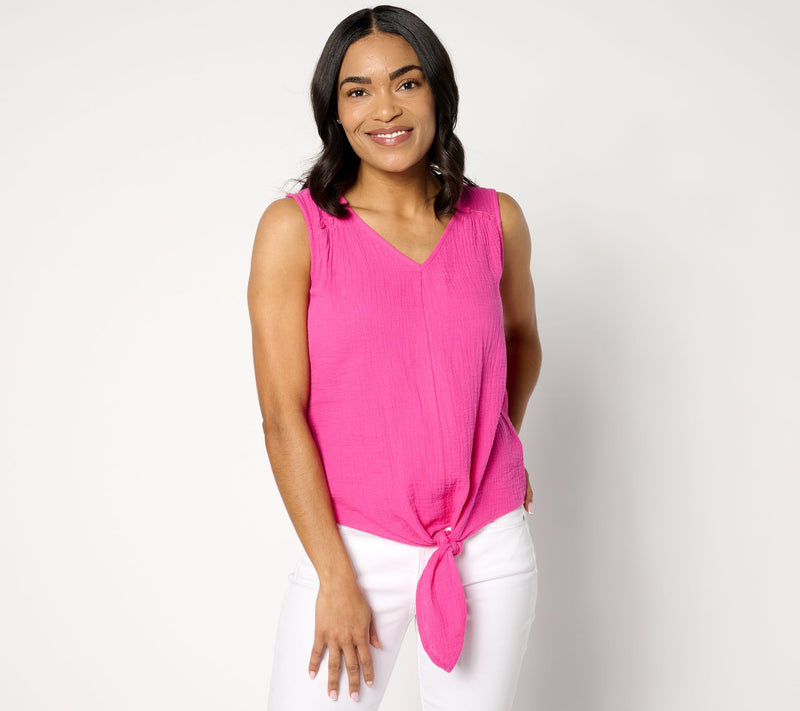 Belle Beach by Kim Gravel Cotton Gauze Tie-Front Tank w/ Ruffle Trim — View 13