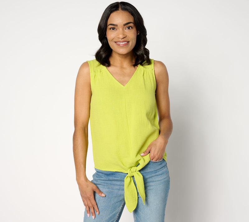 Belle Beach by Kim Gravel Cotton Gauze Tie-Front Tank w/ Ruffle Trim — View 16