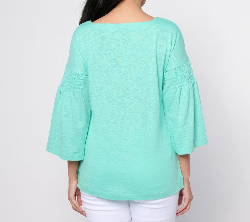 Belle by Kim Gravel Slub Knit Smock Sleeve Square Neck Top — View 2