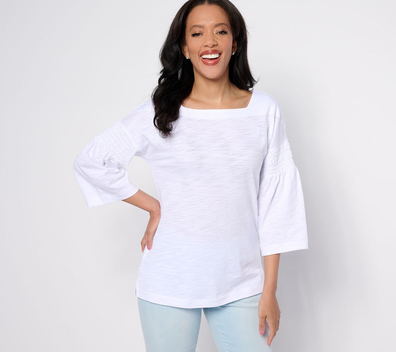 Belle by Kim Gravel Slub Knit Smock Sleeve Square Neck Top — View 10