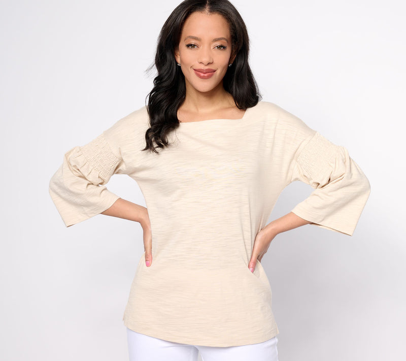 Belle by Kim Gravel Slub Knit Smock Sleeve Square Neck Top — View 12