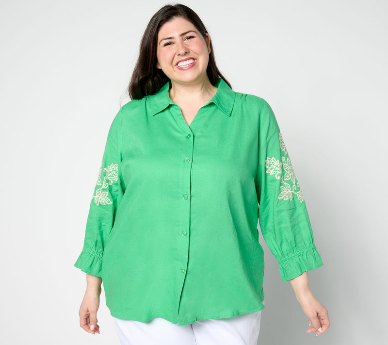 Belle by Kim Gravel Linen Rayon Embroidered Sleeve Blouse — Main view