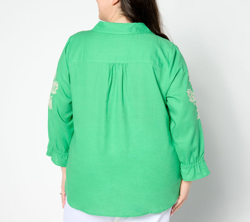 Belle by Kim Gravel Linen Rayon Embroidered Sleeve Blouse — View 2