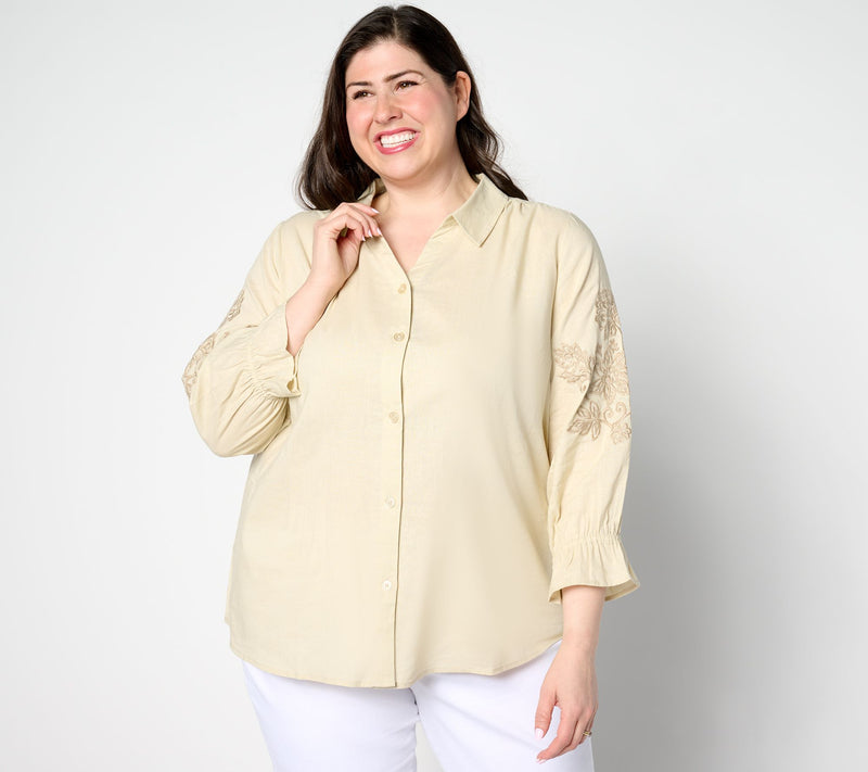 Belle by Kim Gravel Linen Rayon Embroidered Sleeve Blouse — View 9