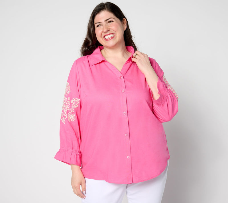 Belle by Kim Gravel Linen Rayon Embroidered Sleeve Blouse — View 12