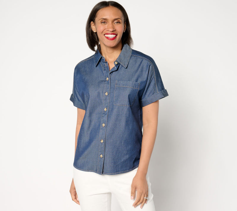 Joan Rivers Short-Sleeve Button-Front Lyocell Boyfriend Shirt — Main view
