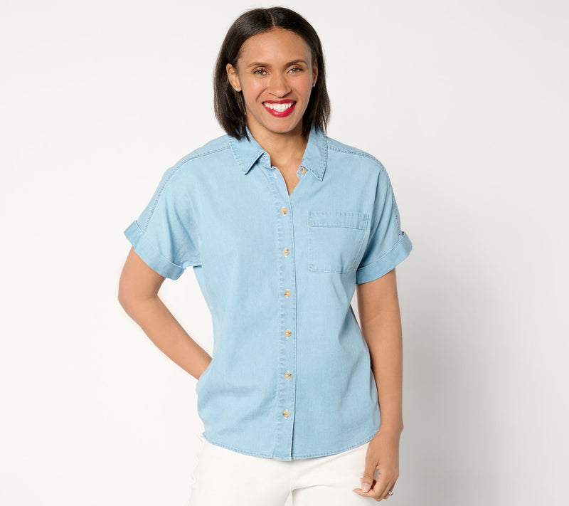 Joan Rivers Short-Sleeve Button-Front Lyocell Boyfriend Shirt — View 10