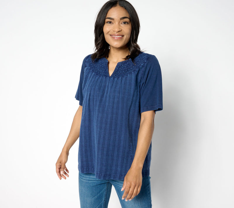 LOGO by Lori Goldstein Mixed Media Split Neck Top — View 9