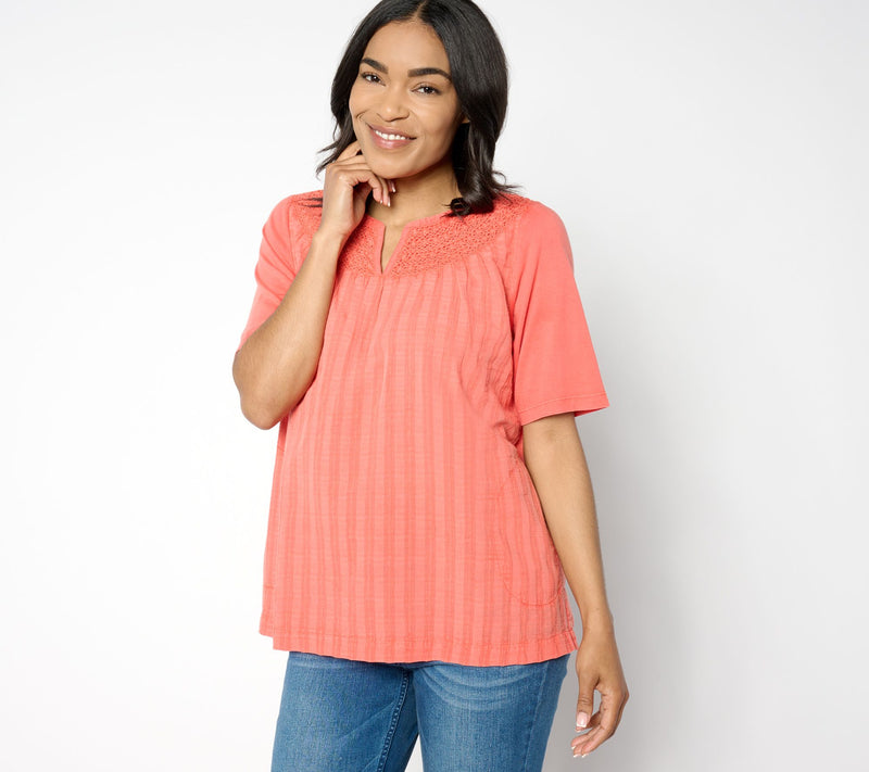 LOGO by Lori Goldstein Mixed Media Split Neck Top — Main view