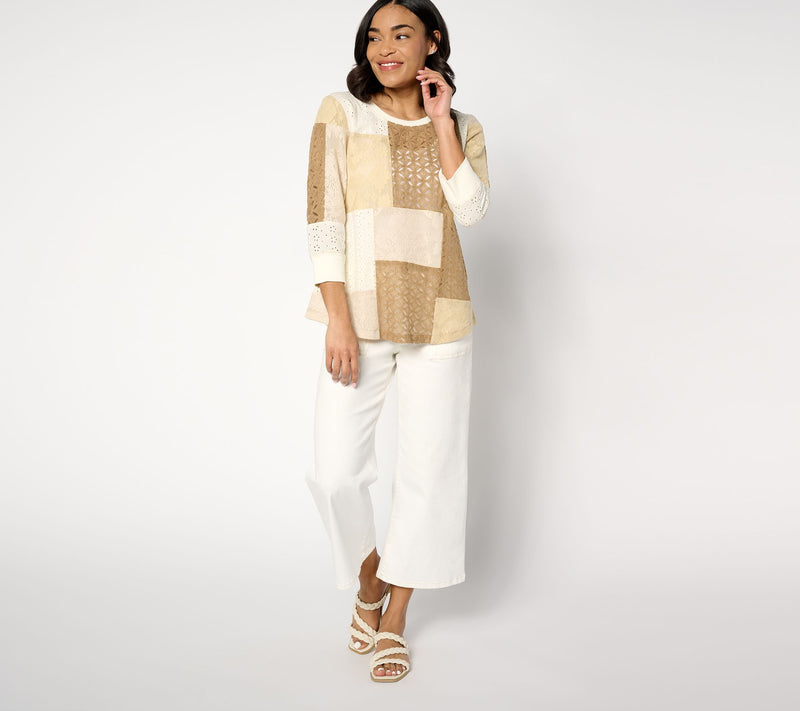 LOGO Lavish by Lori Goldstein Mixed Patchwork 3/4 Sleeve Lace Top — View 3