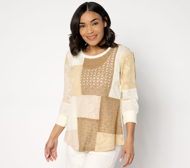 LOGO Lavish by Lori Goldstein Mixed Patchwork 3/4 Sleeve Lace Top — View 9