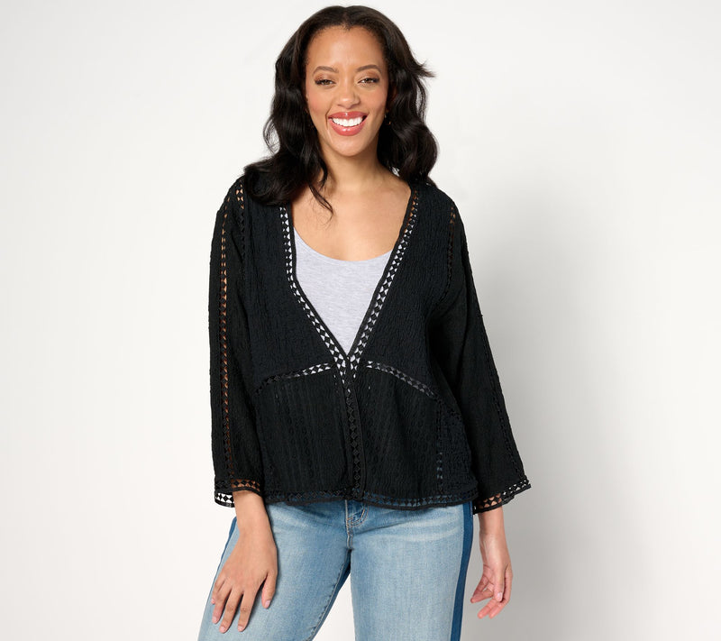 LOGO Lavish by Lori Goldstein Mixed Lace 3/4 Sleeve Cardigan — View 7