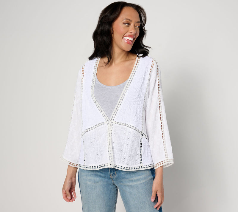 LOGO Lavish by Lori Goldstein Mixed Lace 3/4 Sleeve Cardigan — View 5
