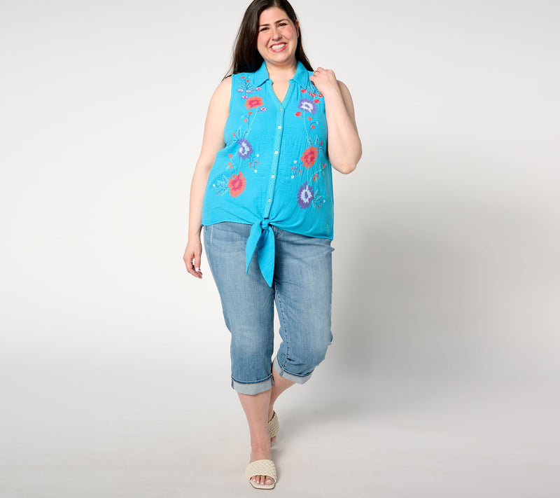 Susan Graver PASSPORT Embroidered Cotton Gauze Tie-Front Shirt — View 9