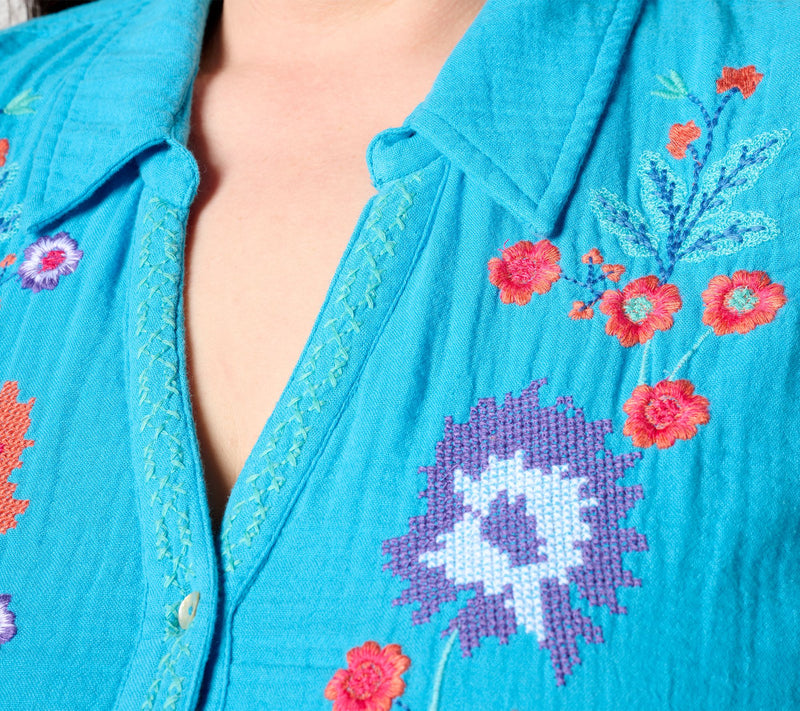 Susan Graver PASSPORT Embroidered Cotton Gauze Tie-Front Shirt — View 10