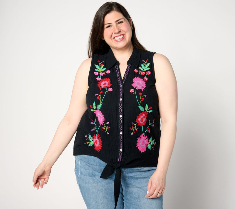 Susan Graver PASSPORT Embroidered Cotton Gauze Tie-Front Shirt — View 7