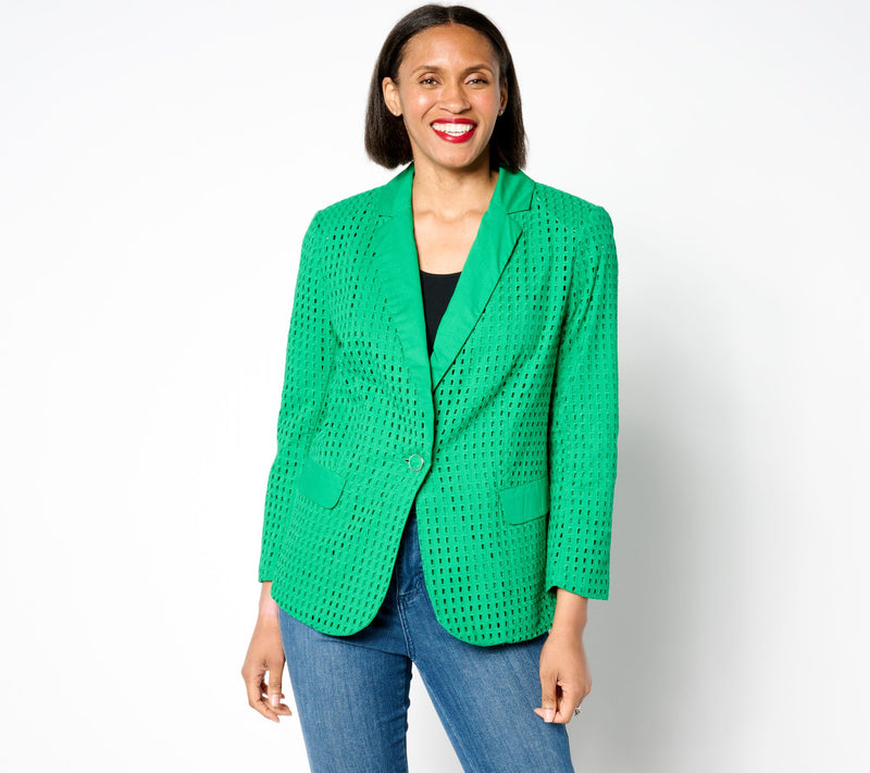 Susan Graver PURE Cotton Eyelet Notch Collar Bracelet Sleeve Blazer — Main view