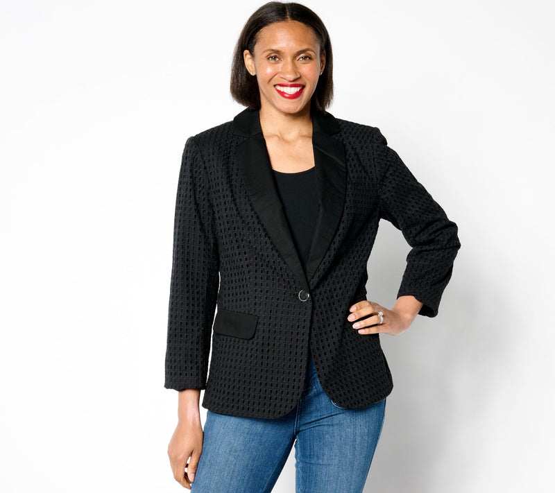 Susan Graver PURE Cotton Eyelet Notch Collar Bracelet Sleeve Blazer — View 7