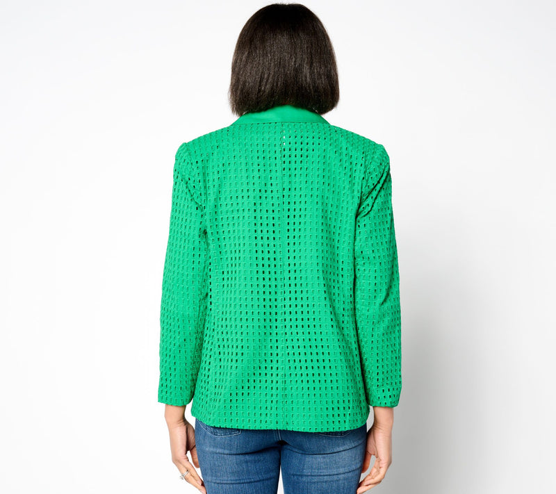 Susan Graver PURE Cotton Eyelet Notch Collar Bracelet Sleeve Blazer — View 10