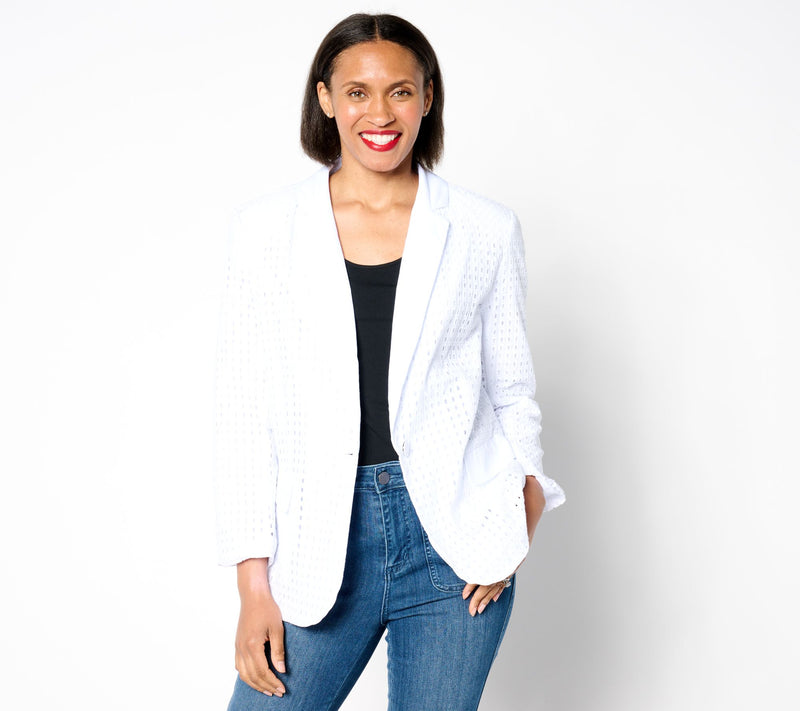 Susan Graver PURE Cotton Eyelet Notch Collar Bracelet Sleeve Blazer — View 9