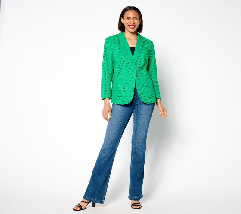 Susan Graver PURE Cotton Eyelet Notch Collar Bracelet Sleeve Blazer — View 11