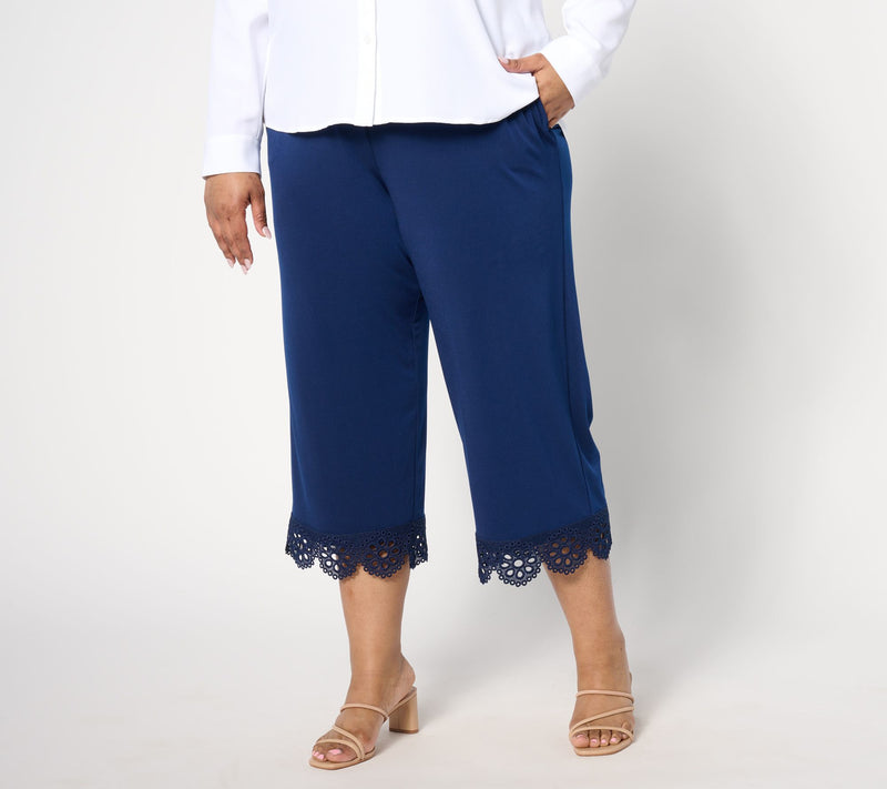Susan Graver Regular Liquid Knit Wide-Leg Crop Pants with Lace Hem — View 3