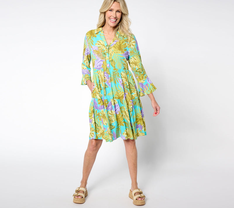 Susan Graver Passport Regular Print or Solid Woven Tiered Dress — View 3