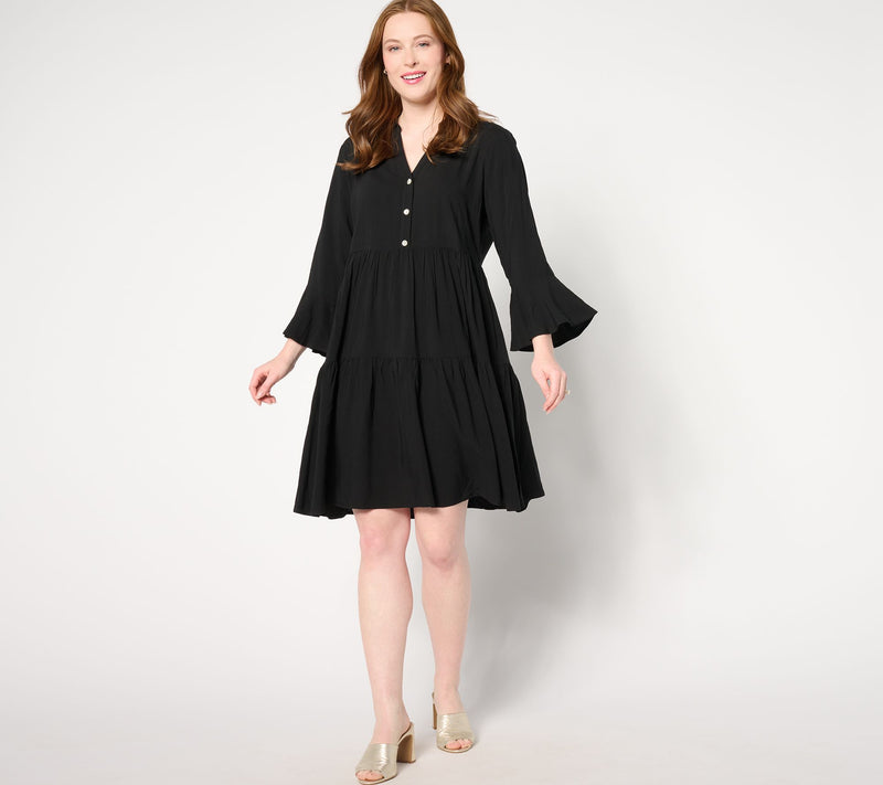 Susan Graver Passport Petite Print or Solid Woven Tiered Dress — View 9