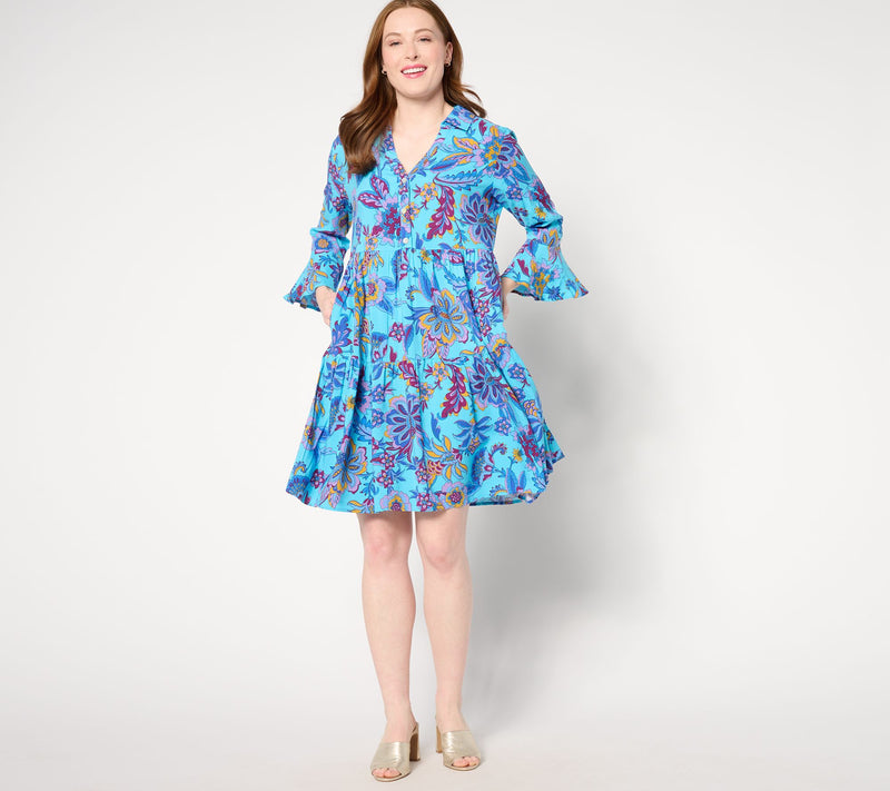 Susan Graver Passport Petite Print or Solid Woven Tiered Dress — View 10