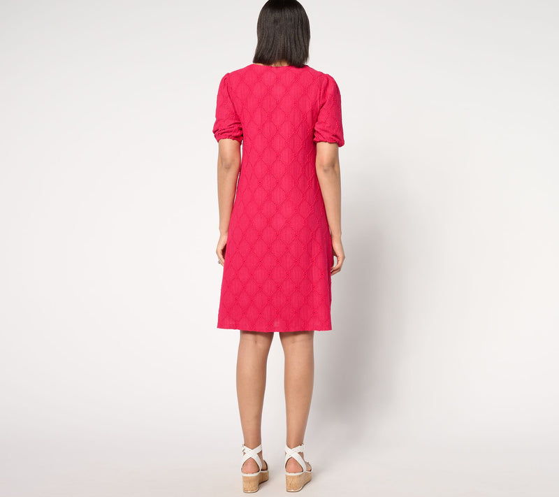 Susan Graver Reg Knit Eyelet Eyelet Elbow Sleeve Fully Lined Dress — View 2