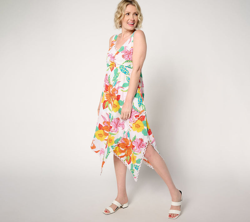 GRAVER Susan Graver Petite Printed Eyelet Asymmetric Hem Dress — View 3