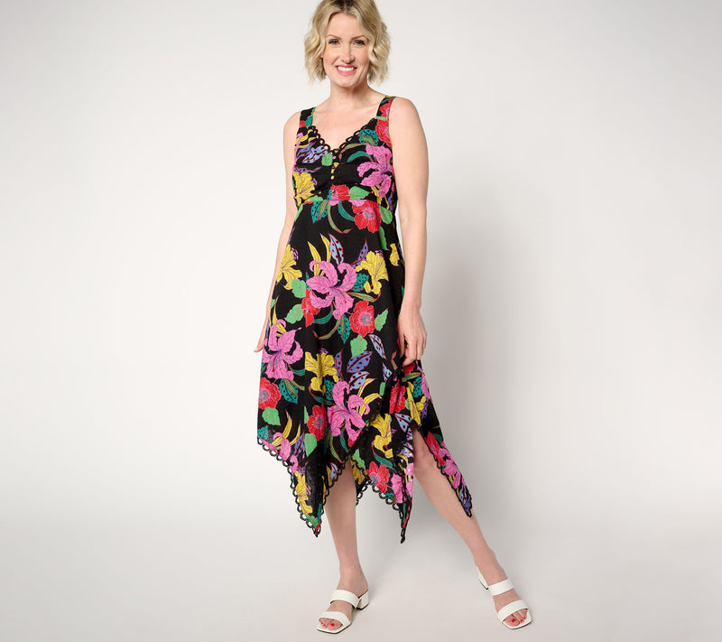 GRAVER Susan Graver Petite Printed Eyelet Asymmetric Hem Dress — View 7