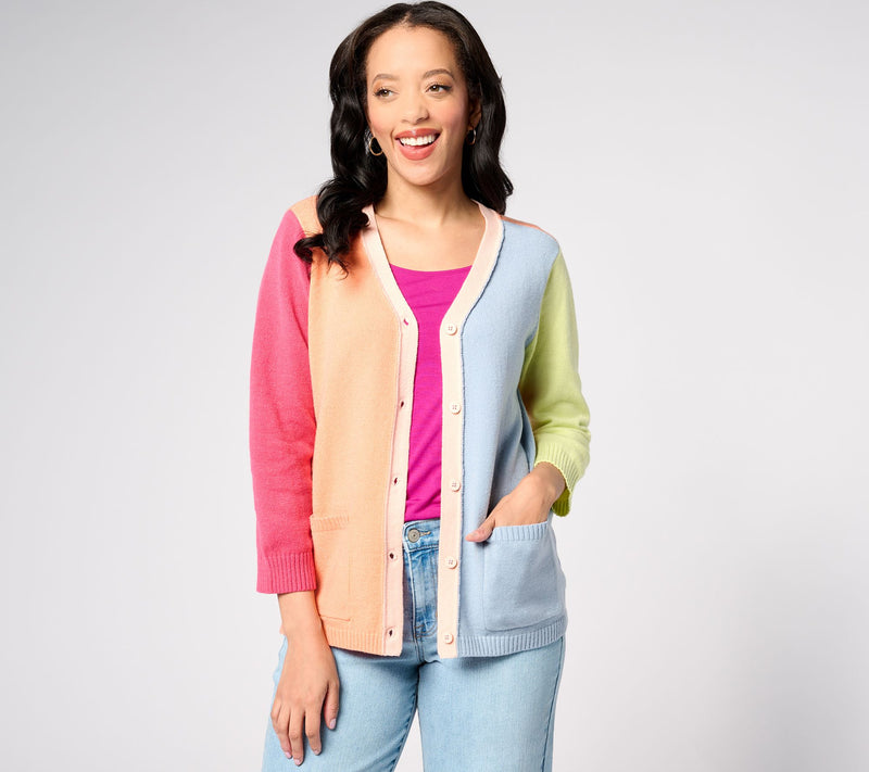 LOGO by Lori Goldstein Button Front Colorblock Cardigan — View 8