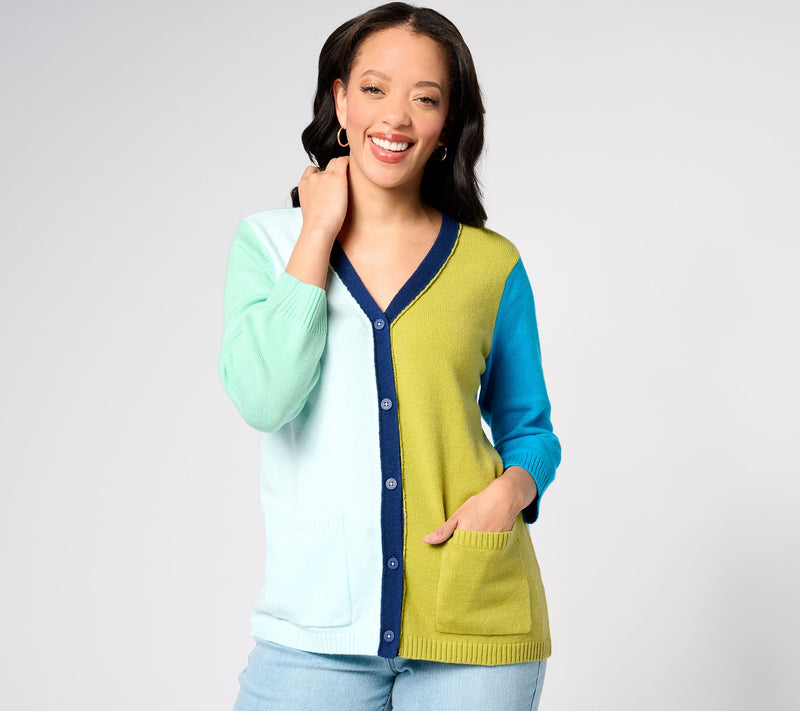 LOGO by Lori Goldstein Button Front Colorblock Cardigan — View 9