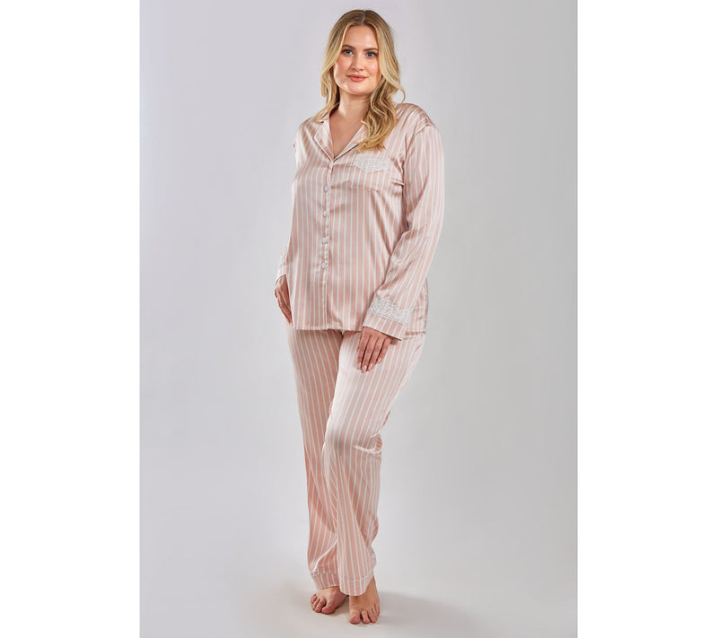 iCollections St riped Satin But ton-Up Pajama L ounge Set — View 6