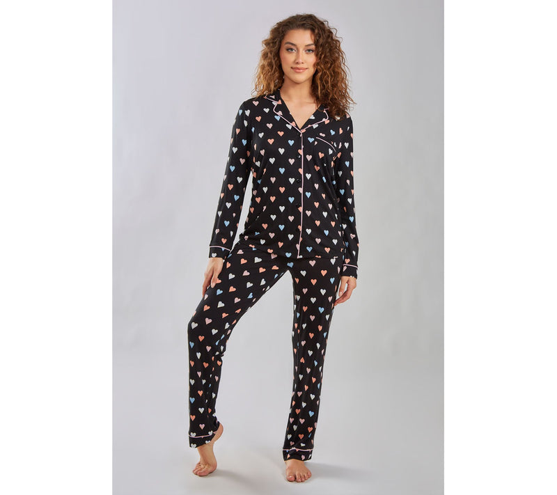 iCollection Multi Hearts Button Front Pajama Lounge Set — View 3