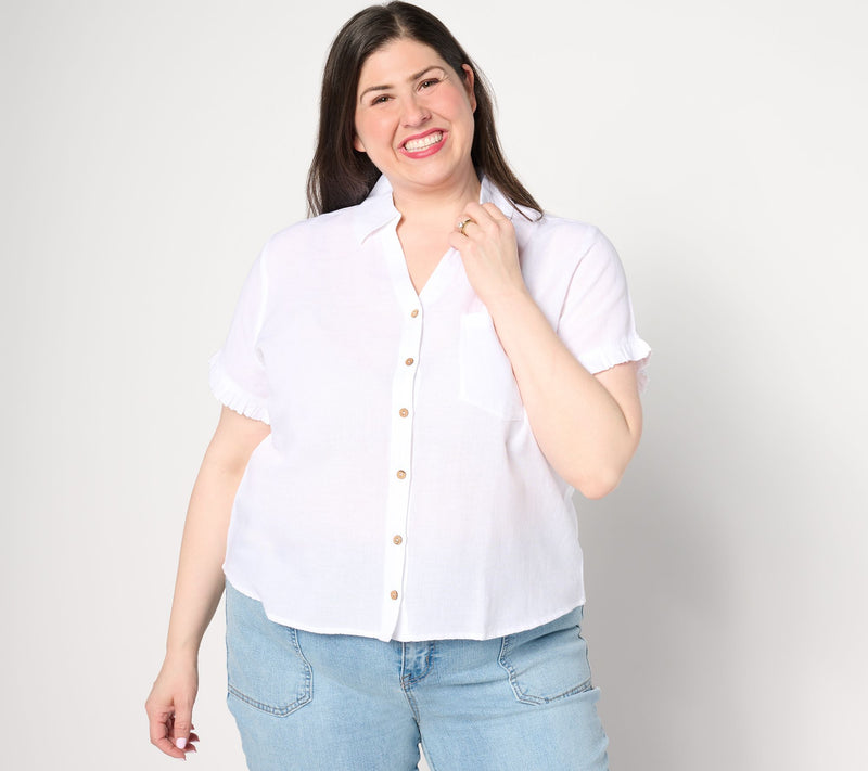 AnyBody Short Sleeve Button Front Linen Blend Camp Shirt — View 10