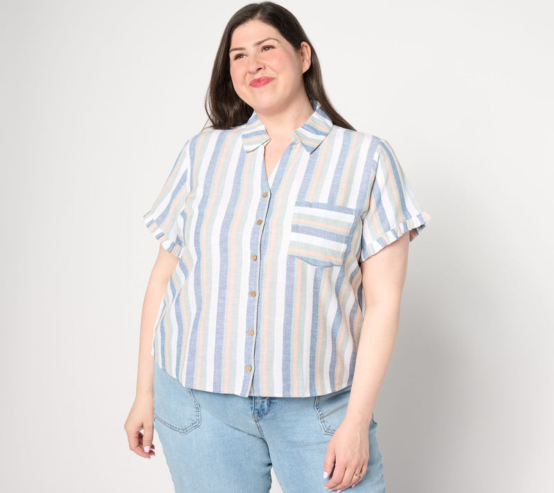 AnyBody Short Sleeve Button Front Linen Blend Camp Shirt — View 12