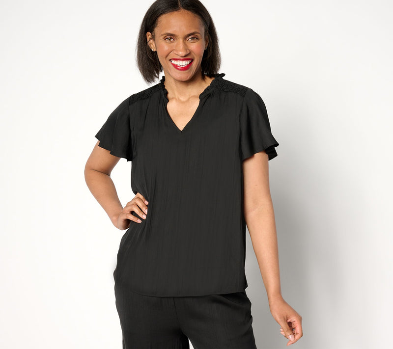 Isaac Mizrahi Live! Crinkle Satin Blouse with Smocking Detail — View 7