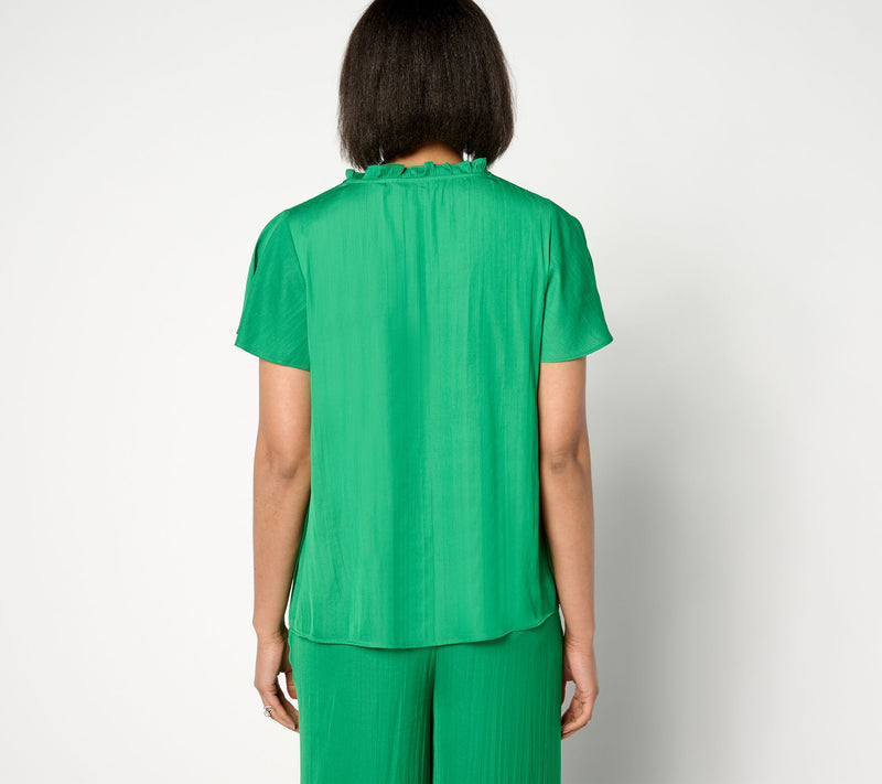 Isaac Mizrahi Live! Crinkle Satin Blouse with Smocking Detail — View 8