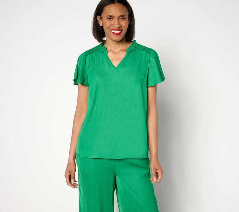 Isaac Mizrahi Live! Crinkle Satin Blouse with Smocking Detail — Main view