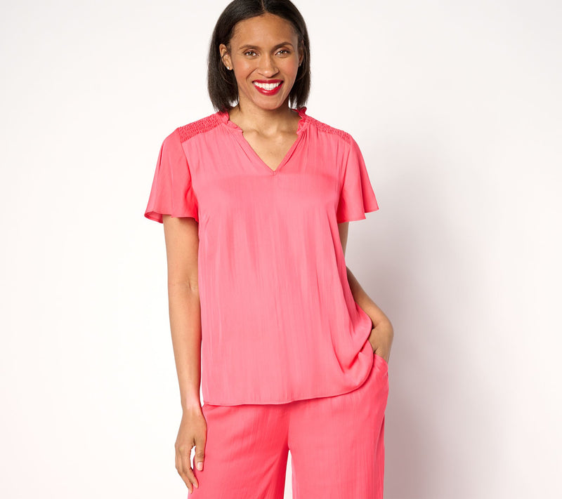 Isaac Mizrahi Live! Crinkle Satin Blouse with Smocking Detail — View 5