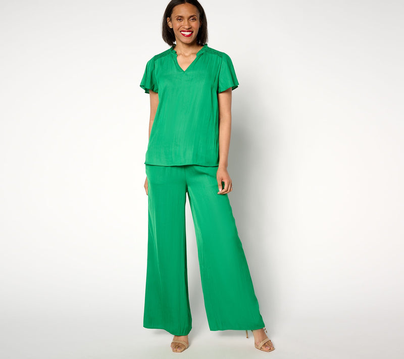 Isaac Mizrahi Live! Regular Crinkle Satin Flowy Wide Leg Pants — View 9