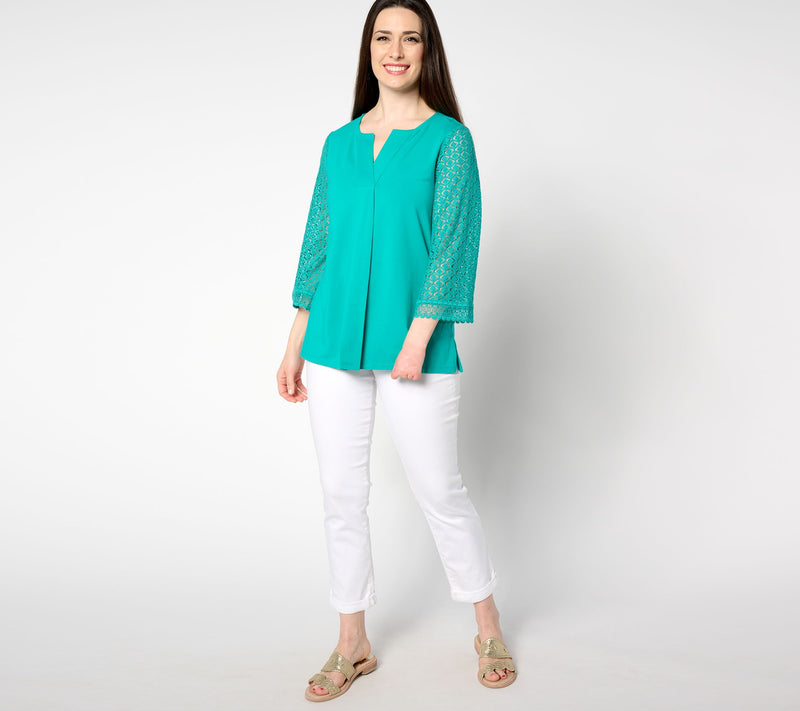 Isaac Mizrahi Live! Split Neck 3/4 Sleeve Top with Pleat Detail — View 3