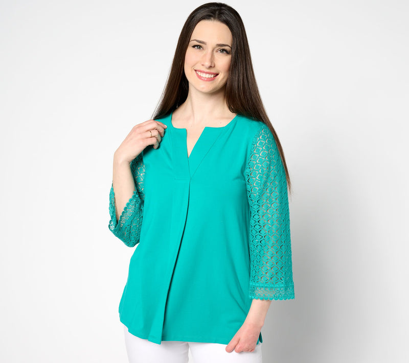 Isaac Mizrahi Live! Split Neck 3/4 Sleeve Top with Pleat Detail — Main view
