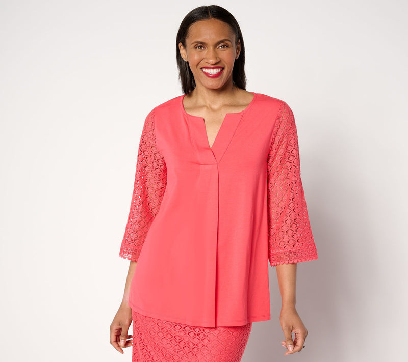 Isaac Mizrahi Live! Split Neck 3/4 Sleeve Top with Pleat Detail — View 10