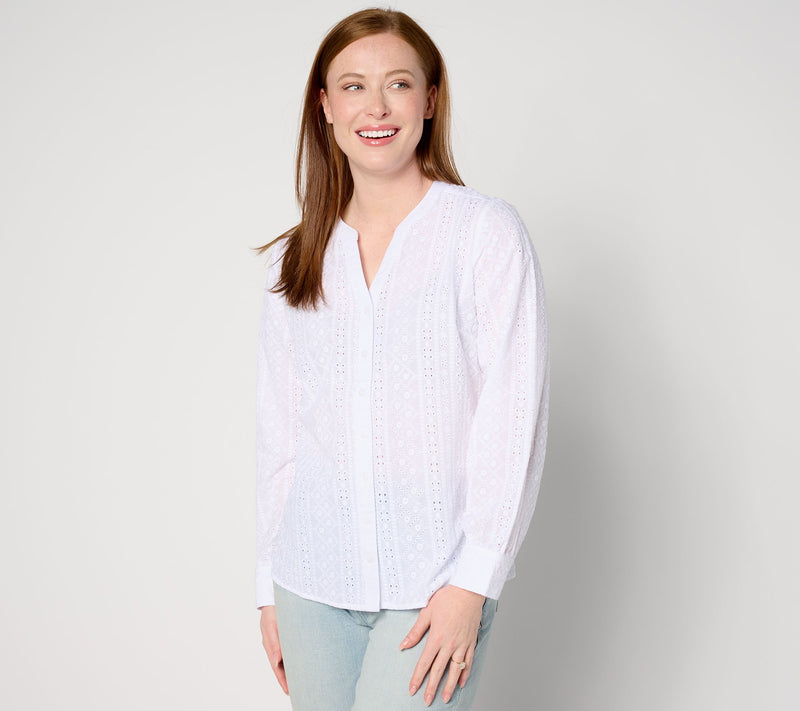 Denim & Co. Cotton Eyelet Button Down Shirt — View 11