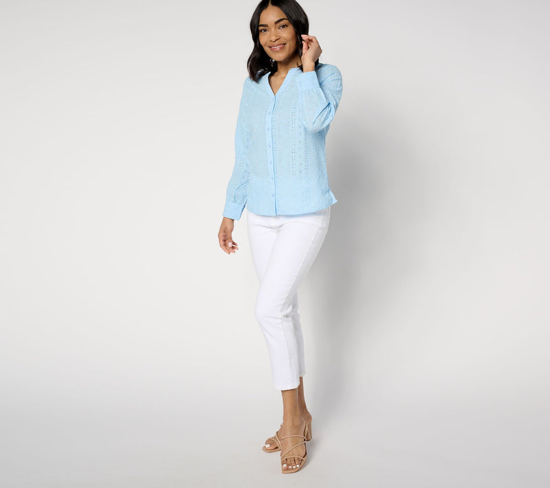 Denim & Co. Cotton Eyelet Button Down Shirt — View 7